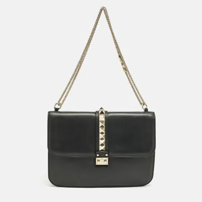 Pre-owned Valentino Garavani Black Leather Large Glam Lock Shoulder Bag