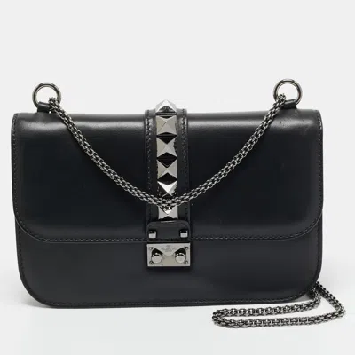 Pre-owned Valentino Garavani Black Leather Medium Noir Edition Glam Lock Shoulder Bag
