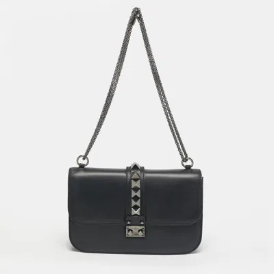 Pre-owned Valentino Garavani Black Leather Medium Noir Edition Glam Lock Shoulder Bag