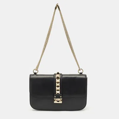 Pre-owned Valentino Garavani Black Leather Medium Rockstud Glam Lock Shoulder Bag