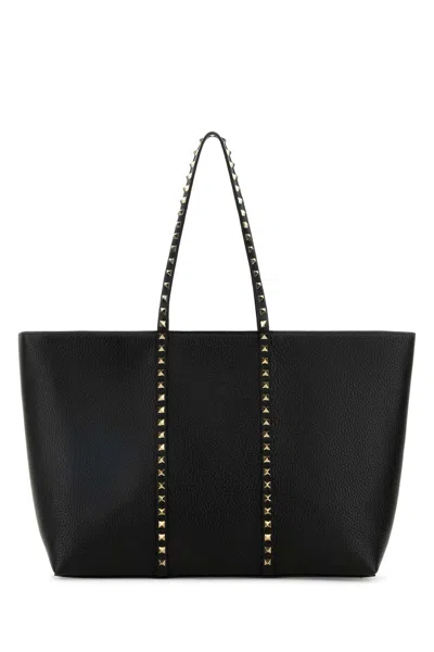 Valentino Garavani Black Leather Medium Rockstud Shopping Bag In Nero