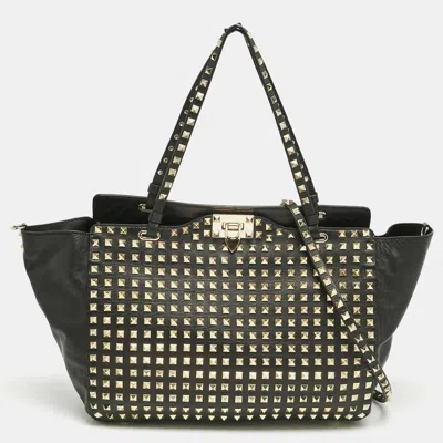 Pre-owned Valentino Garavani Black Leather Medium Rockstud Studded Trapeze Tote