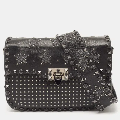 Pre-owned Valentino Garavani Black Leather Medium Star Crystal Rolling Rockstud Shoulder Bag