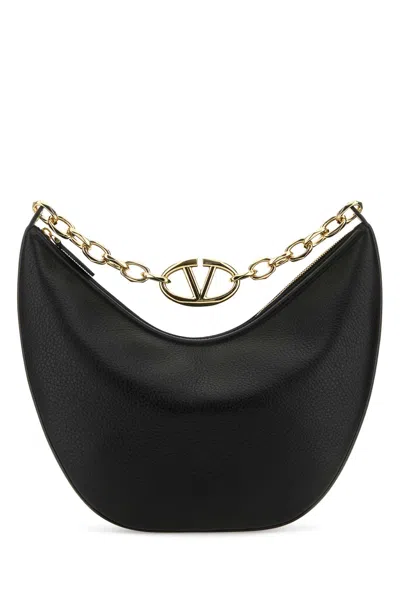 Valentino Garavani Black Leather Medium Vlogo Moon Shoulder Bag In Nero