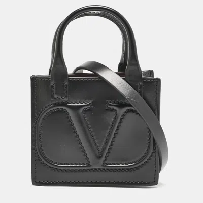 Pre-owned Valentino Garavani Black Leather Mini Vlogo Walk Tote