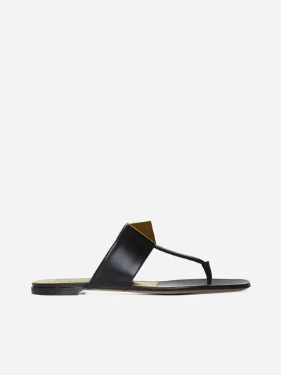 VALENTINO GARAVANI BLACK LEATHER ONE STUD FLAT THONG SANDALS