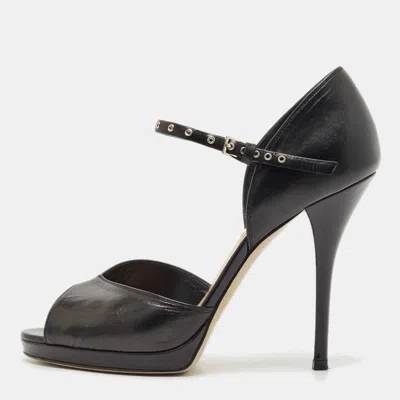 Pre-owned Valentino Garavani Black Leather Peep Toe Ankle Strap Sandals Size 36.5