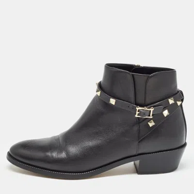 Pre-owned Valentino Garavani Black Leather Rockstud Ankle Boots Size 40