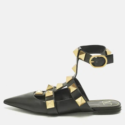 Pre-owned Valentino Garavani Black Leather Rockstud Ankle Strap Flats Size 40