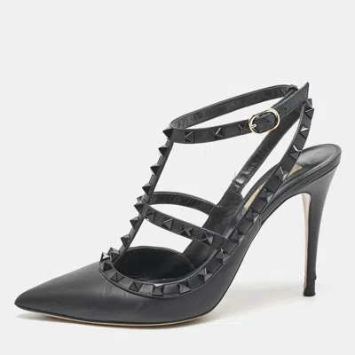 Pre-owned Valentino Garavani Black Leather Rockstud Ankle Strap Pumps Size 39.5