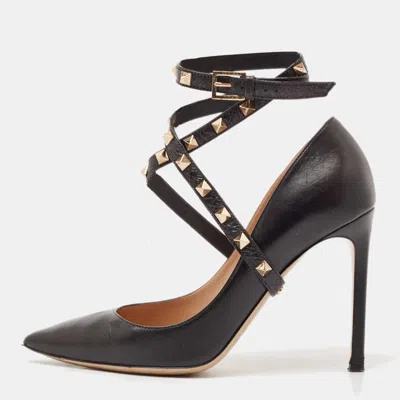 Pre-owned Valentino Garavani Black Leather Rockstud Ankle Wrap Pumps Size 38