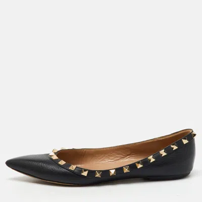 Pre-owned Valentino Garavani Black Leather Rockstud Ballet Flats Size 37