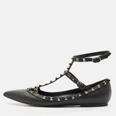 Pre-owned Valentino Garavani Black Leather Rockstud Ballet Flats Size 40