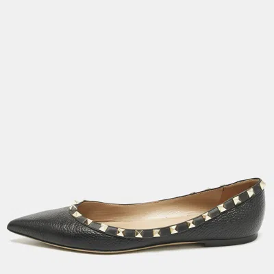 Pre-owned Valentino Garavani Black Leather Rockstud Ballet Flats Size 40