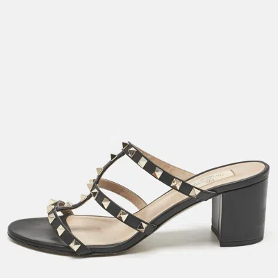 Pre-owned Valentino Garavani Black Leather Rockstud Block Heel Slide Sandals Size 39.5