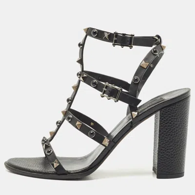 Pre-owned Valentino Garavani Black Leather Rockstud Block Heel Strappy Sandals Size 39.5