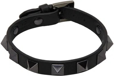 Valentino Garavani Black Leather Rockstud Bracelet In 0no Nero