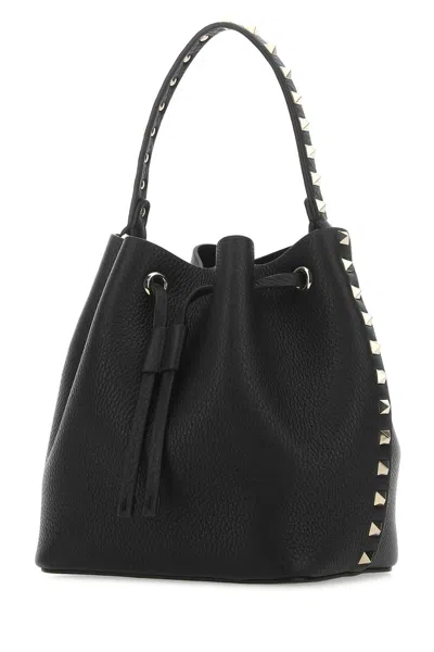 Valentino Garavani Black Leather Rockstud Bucket Bag In Nero