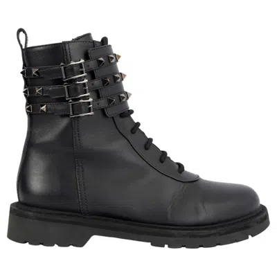 Pre-owned Valentino Garavani Valentino Black Leather Rockstud Buckle Combat Boots Shoes 39.5