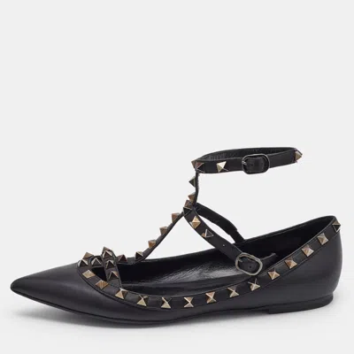 Pre-owned Valentino Garavani Black Leather Rockstud Cage Ballet Flats Size 38