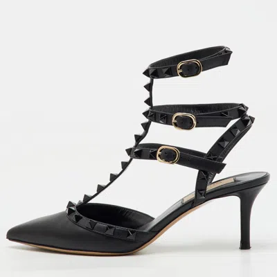 Pre-owned Valentino Garavani Black Leather Rockstud Caged Ankle Strap Pumps Size 37