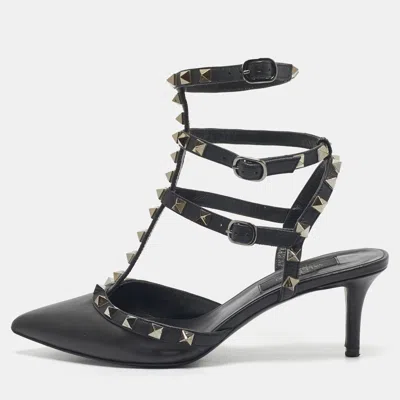 Pre-owned Valentino Garavani Black Leather Rockstud Caged Ankle Strap Pumps Size 37