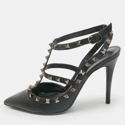 Pre-owned Valentino Garavani Black Leather Rockstud Caged Ankle Strap Pumps Size 38