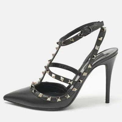 Pre-owned Valentino Garavani Black Leather Rockstud Caged Pumps Size 40