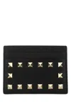 Valentino Black Leather Rockstud Card Holder In Nero