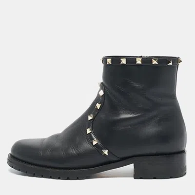 Pre-owned Valentino Garavani Black Leather Rockstud Chelsea Ankle Boots Size 39