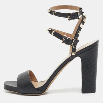 Pre-owned Valentino Garavani Black Leather Rockstud Double Strap Sandals Size 39