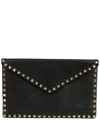 Pre-owned Valentino Garavani Valentino Black Leather Rockstud Envelope Clutch (authentic Pre-loved)