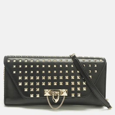 Pre-owned Valentino Garavani Black Leather Rockstud Envelope Flap Shoulder Bag