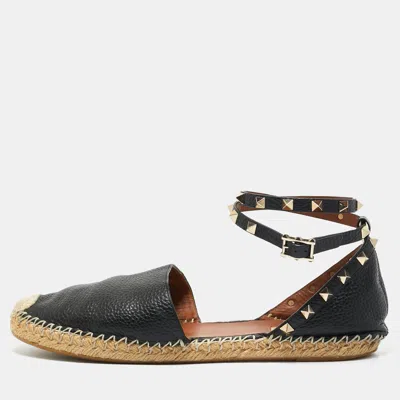 Pre-owned Valentino Garavani Black Leather Rockstud Espadrilles Ankle Strap Flats Size 41