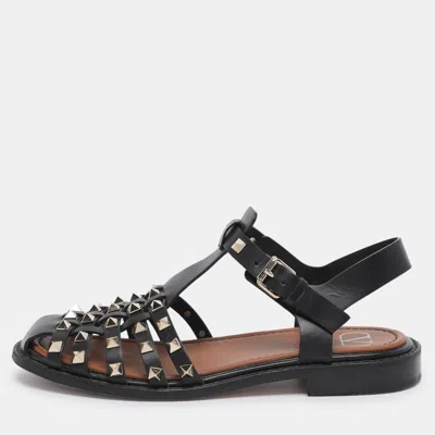 Pre-owned Valentino Garavani Black Leather Rockstud Fisherman Sandals Size 38