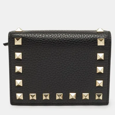 Pre-owned Valentino Garavani Black Leather Rockstud Flap Card Case