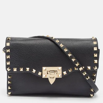 Pre-owned Valentino Garavani Black Leather Rockstud Flap Crossbody Bag