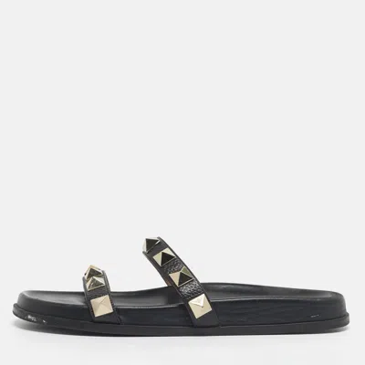 Pre-owned Valentino Garavani Black Leather Rockstud Flat Slide Size 41