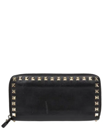 Pre-owned Valentino Garavani Valentino Black Leather Rockstud Long Wallet (authentic Pre-loved)