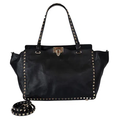 Pre-owned Valentino Garavani Valentino Black Leather Rockstud Medium Tote Bag