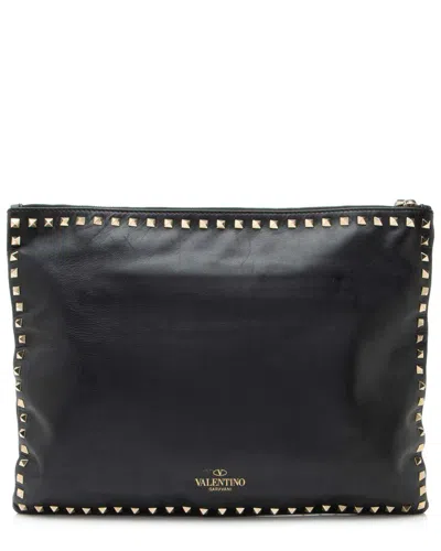 Valentino Garavani Valentino Black Leather Rockstud Oversized Clutch (authentic Pre-loved)