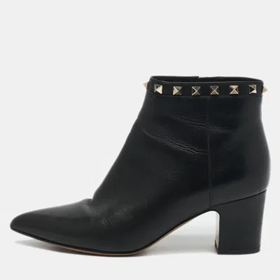 Pre-owned Valentino Garavani Black Leather Rockstud Pointed Toe Block Heel Ankle Boots Size 36