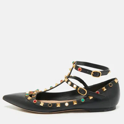 Pre-owned Valentino Garavani Black Leather Rockstud Rolling Ankle Strap Ballet Flats Size 39.5