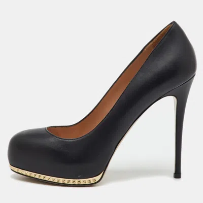 Pre-owned Valentino Garavani Black Leather Rockstud Round Toe Platform Pumps Size 36