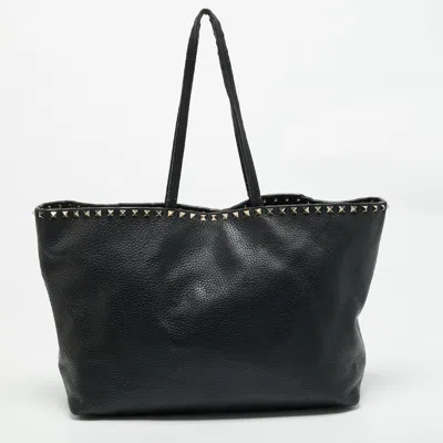 Pre-owned Valentino Garavani Black Leather Rockstud Shopper Tote