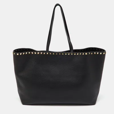 Pre-owned Valentino Garavani Black Leather Rockstud Shopper Tote