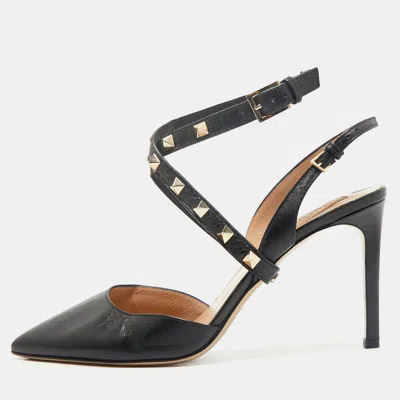 Pre-owned Valentino Garavani Black Leather Rockstud Slingback Pumps Size 37