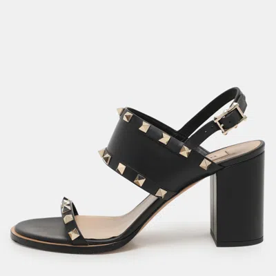 Pre-owned Valentino Garavani Black Leather Rockstud Slingback Sandals Size 37.5