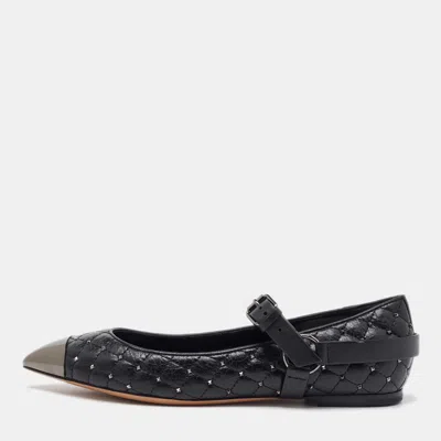 Pre-owned Valentino Garavani Black Leather Rockstud Spike Ankle Strap Cap Toe Pointed Ballerina Flats Size 39