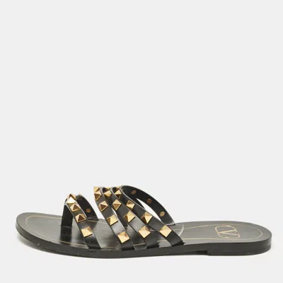 Pre-owned Valentino Garavani Black Leather Rockstud Strappy Flats Size 35